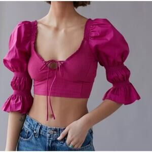 Urban Outfitters Puff Sleeve Ribbed Smocked Milkmaid Cropped Top Magenta women S